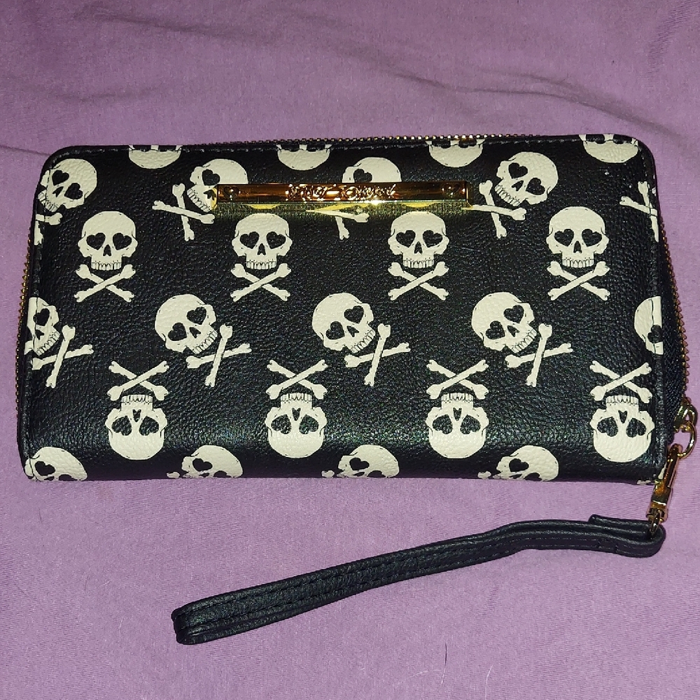 Betsey Johnson Black Wallet with White/Bone Skull Print and Gold Accents